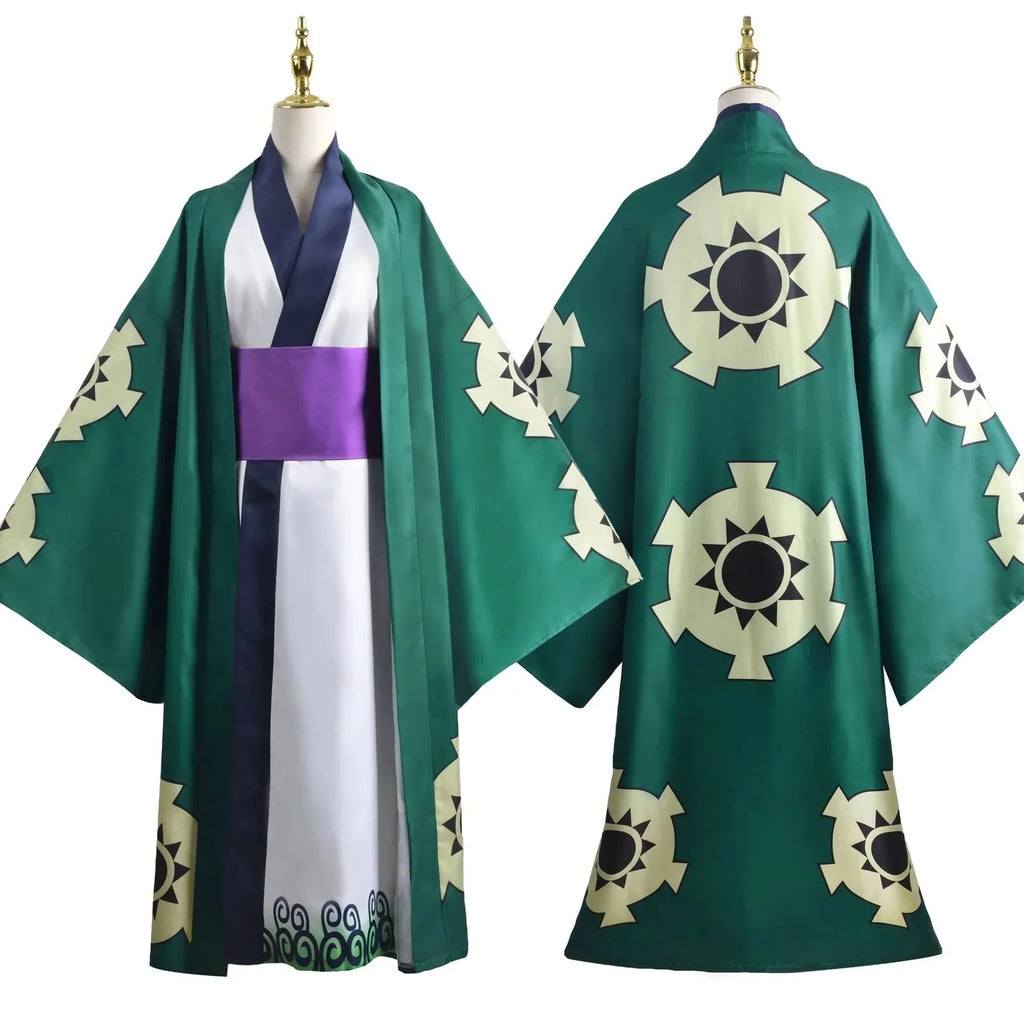 Layered Green Kimono-Style Robe Set with Contrast Sash and Gold-Tone Earrings