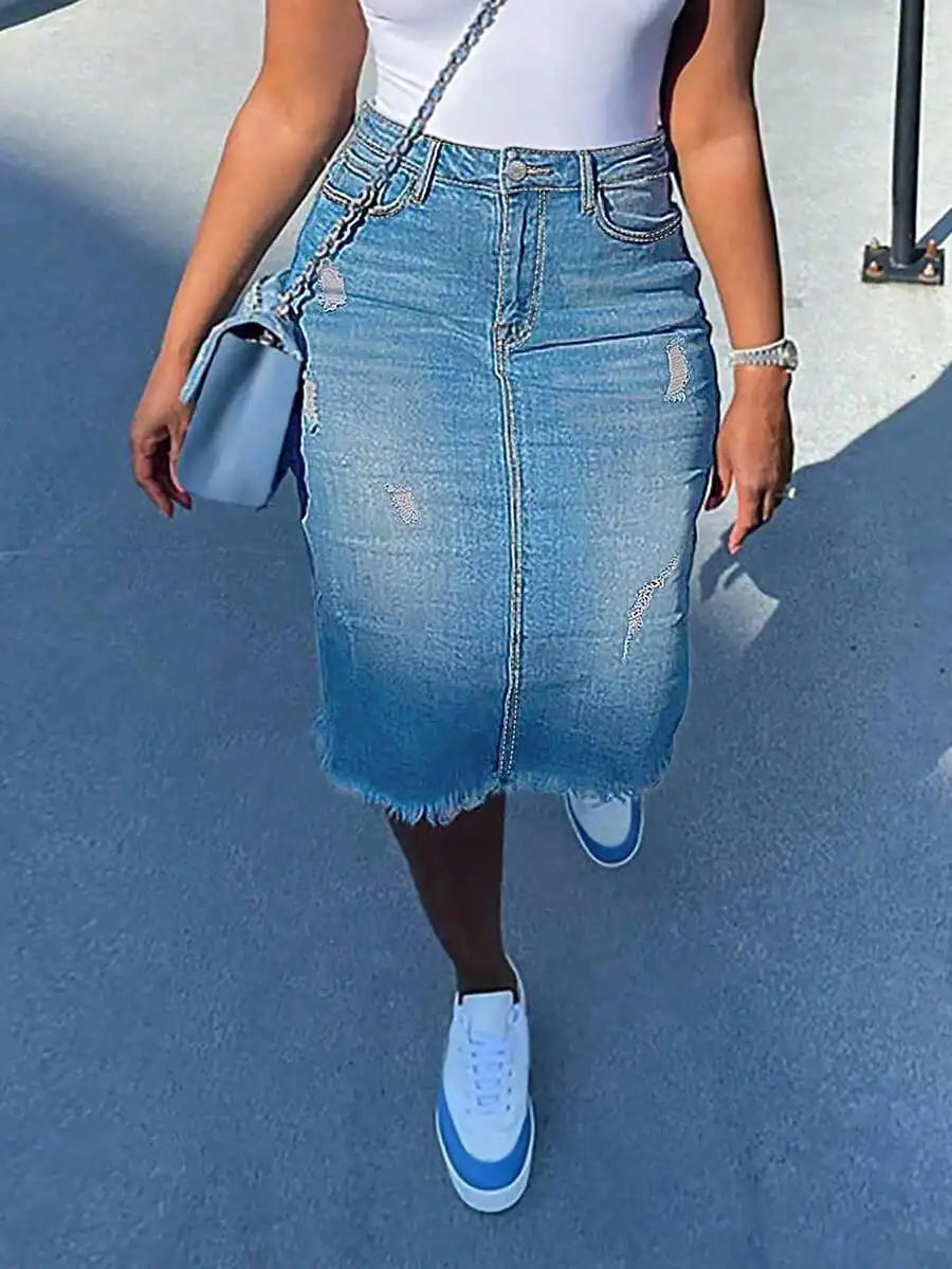 Distressed Denim Midi Skirt with Frayed Hem and Faded Wash Finish