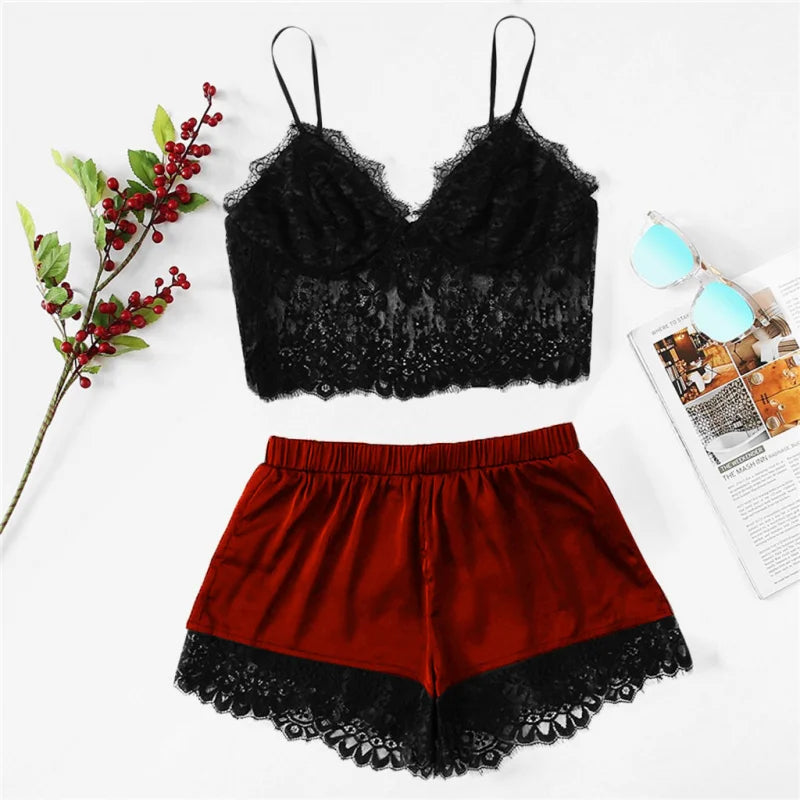 Romantic Sheer Black Lace Bralette and Contrasting Satin Shorts Sleep Set