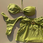Solid Olive Green Bandeau Halter Bikini with Metallic Center Hardware