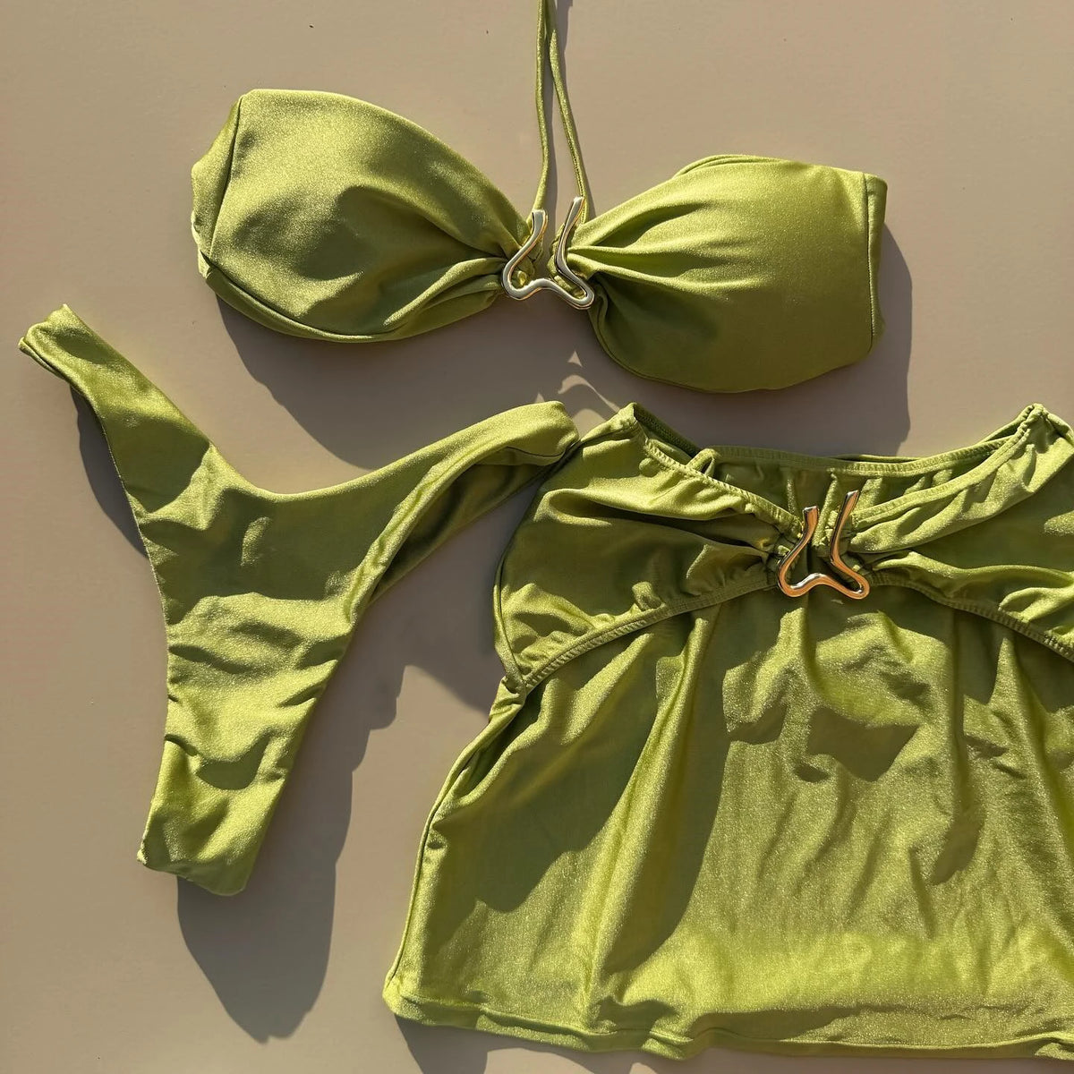 Solid Olive Green Bandeau Halter Bikini with Metallic Center Hardware