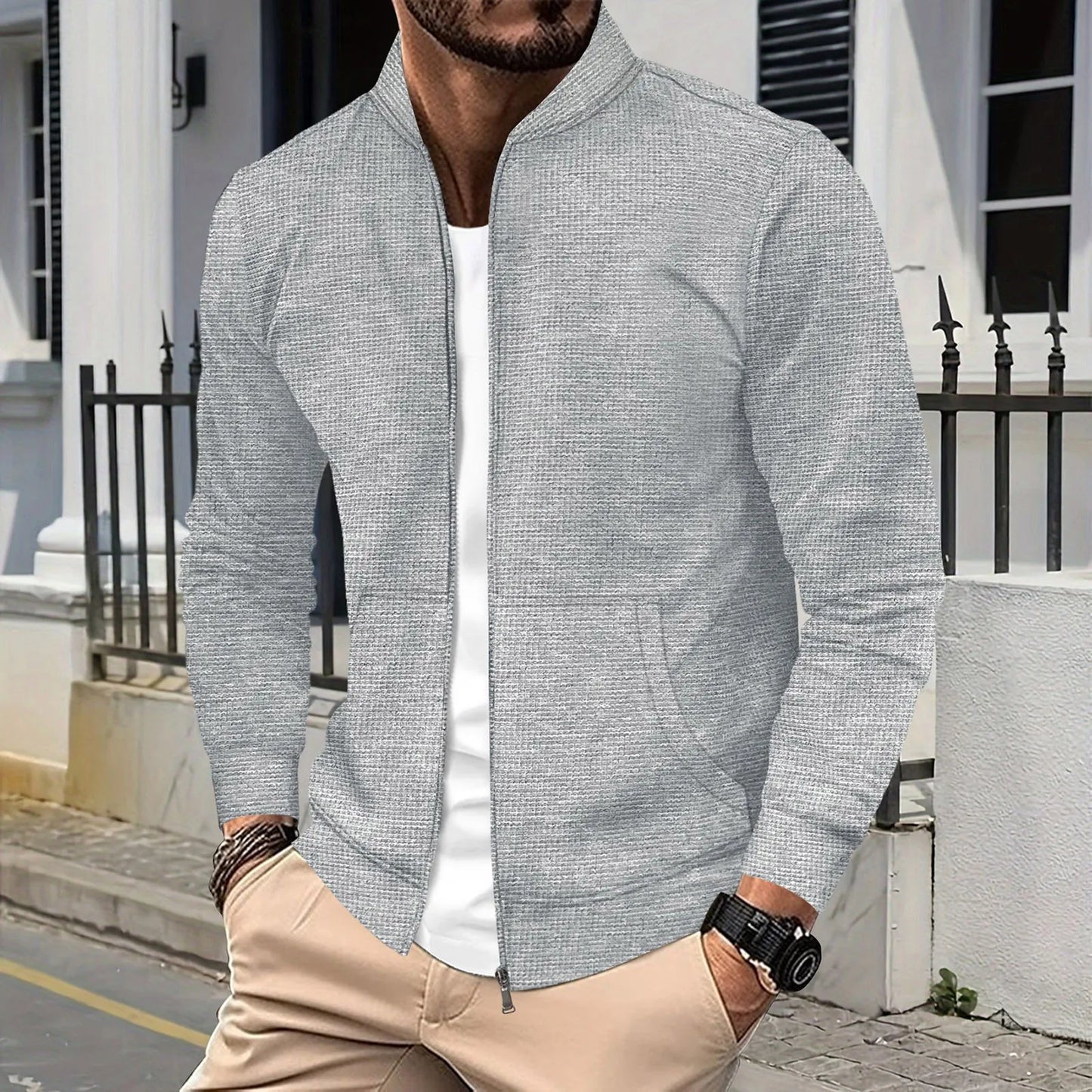 Men's Slim Fit Stand Collar Zip Jacket with Clean Minimalist Streetwear Design