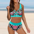 Blue Printed High-Waisted Two-Piece Bikini Set with Textured Pattern, V-Neck Top and Coordinated Swim Bottom