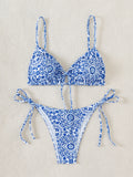 Blue and White Porcelain Print Triangle String Bikini