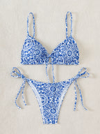 Blue and White Porcelain Print Triangle String Bikini