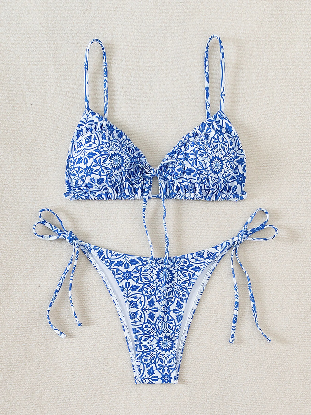 Blue and White Porcelain Print Triangle String Bikini