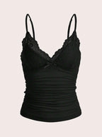 Lace Trim Bow Front Crop Cami with Ruched Slim Fit Streetwear Style