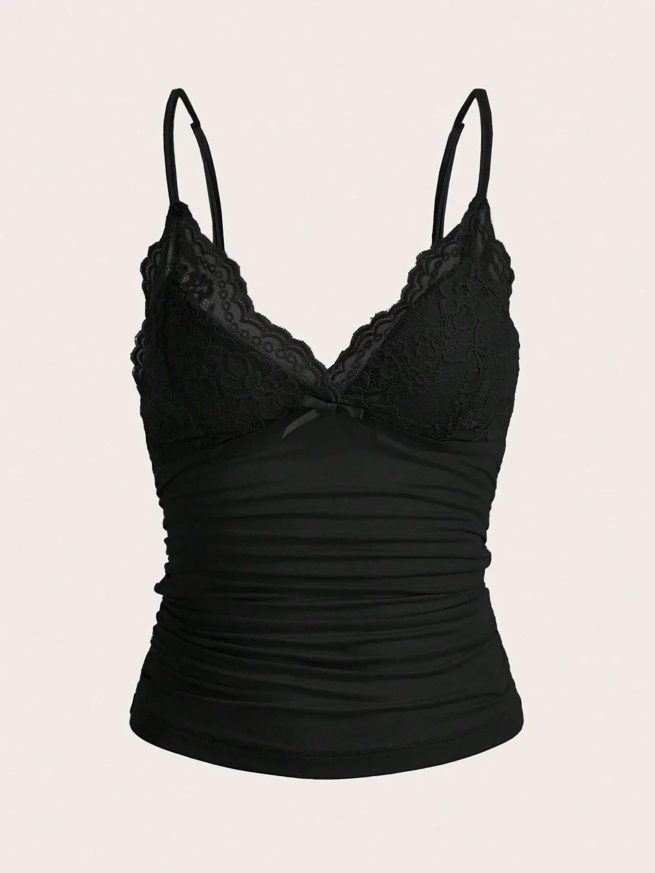 Lace Trim Bow Front Crop Cami with Ruched Slim Fit Streetwear Style