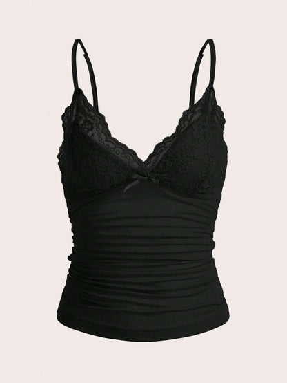 Lace Trim Bow Front Crop Cami with Ruched Slim Fit Streetwear Style