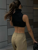 Ribbed Turtleneck Sleeveless Crop Top with Cutout Hem Slim Streetwear Fit