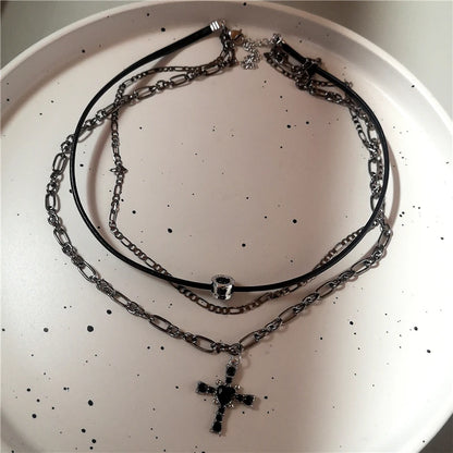 Layered Gothic Charm Choker Necklace Set with Hearts Crosses and Stars