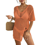 White Open-Knit Crochet Beach Cover-Up Dress with Short Sleeves, Hollow-Out Detailing and Relaxed Mini Tunic Silhouette