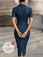 Tailored Double-Breasted Short Sleeve Pencil Midi Dress with Lapel Collar