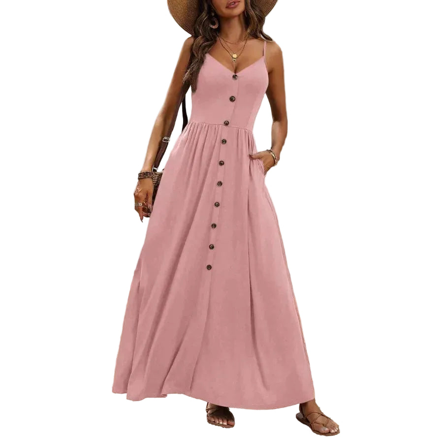 Button Front Maxi Dress With Relaxed A Line Silhouette