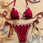 Ribbed Earthy Brown Triangle Bikini with Seashell and Lace Trim