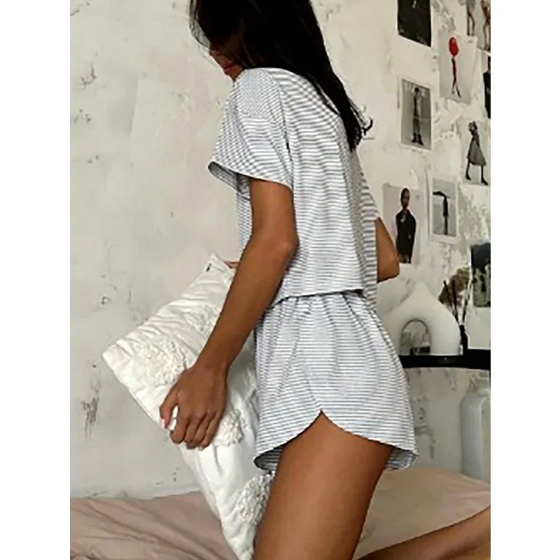 Women's Striped Knit Lounge Co-Ord Set Relaxed Top and Shorts Outfit