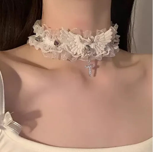 Vintage Lace Wing Bow Choker Necklace with Gothic Heart Pendant Accent