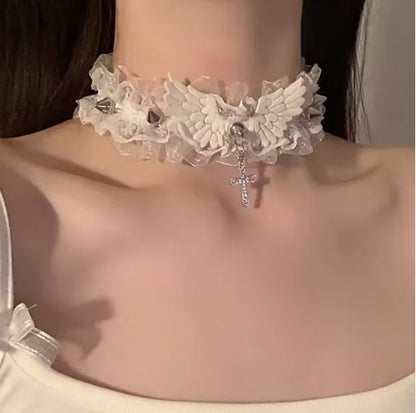 Vintage Lace Wing Bow Choker Necklace with Gothic Heart Pendant Accent