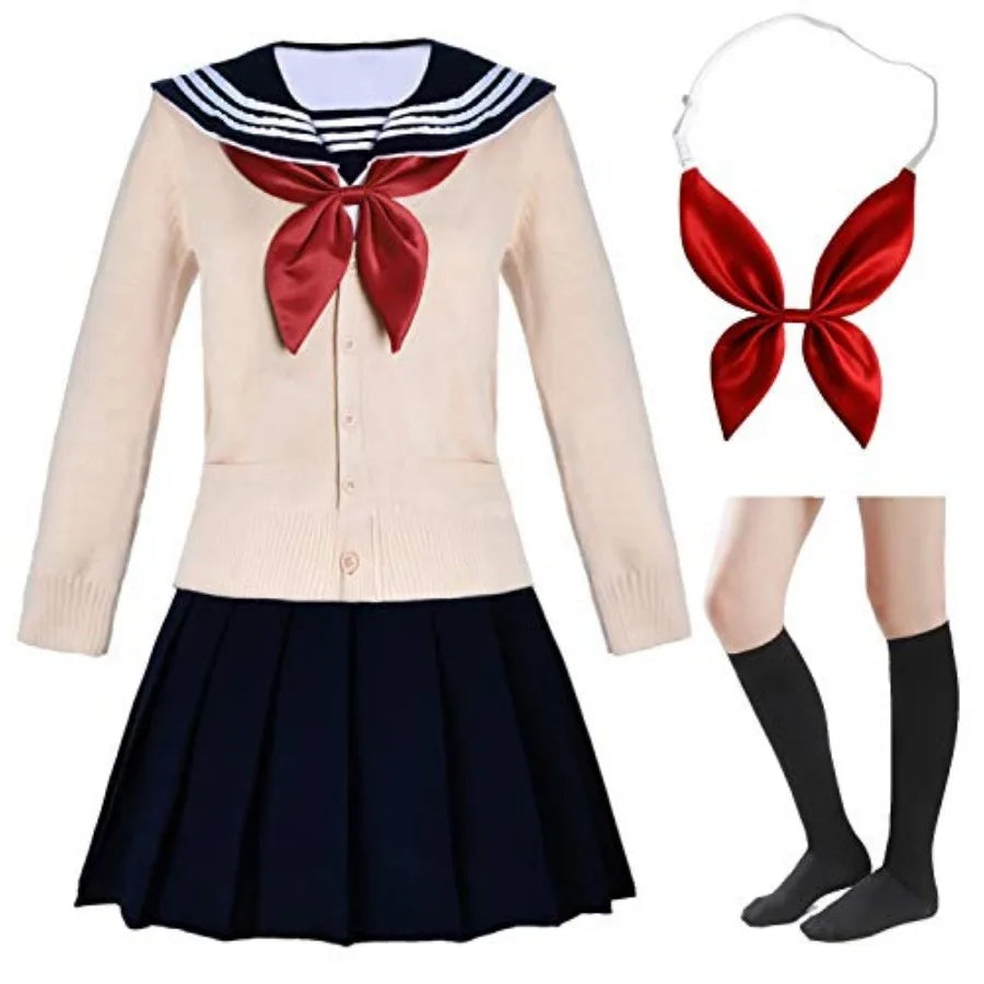 Women's Sailor-Inspired Uniform Set with Long Sleeve Top, Pleated Skirt and Matching Socks