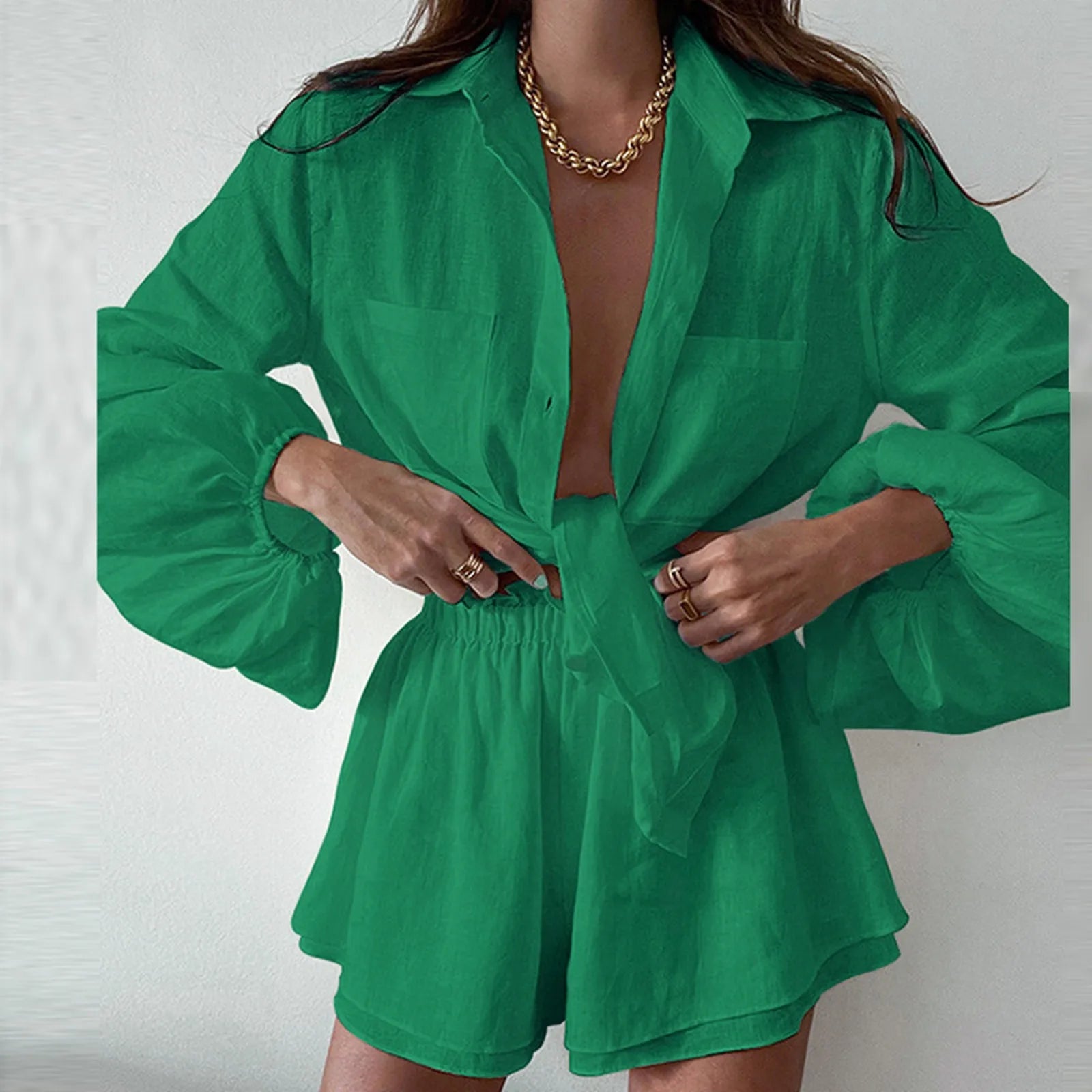 Women's Oversized Button Front Shirt and Shorts Co-Ord Set
