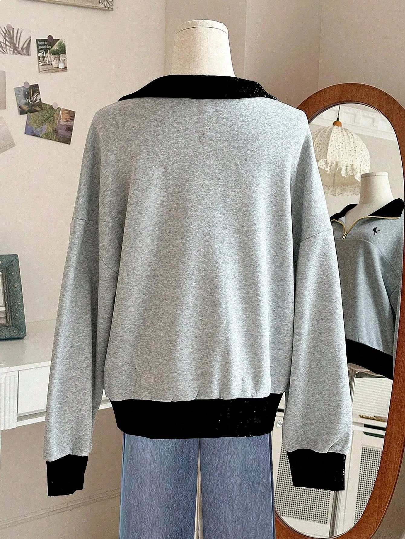 Women's Oversized Half Zip Collar Sweatshirt with Drop Shoulders for Casual Everyday Fashion
