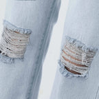 Women's Distressed Slim Straight Denim Jeans with Frayed Knee Details and Casual Streetwear Style