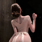 Blush Pink Form-Fitting Nurse Roleplay Mini Dress with White Apron Detail