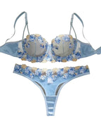 Romantic Light Blue Floral Appliqué Underwire Lingerie Set