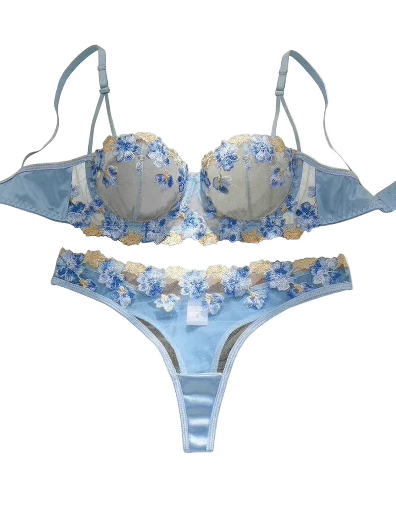 Romantic Light Blue Floral Appliqué Underwire Lingerie Set