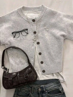 Women's Cropped Crew Neck Button Front Cardigan with Soft Knit Construction