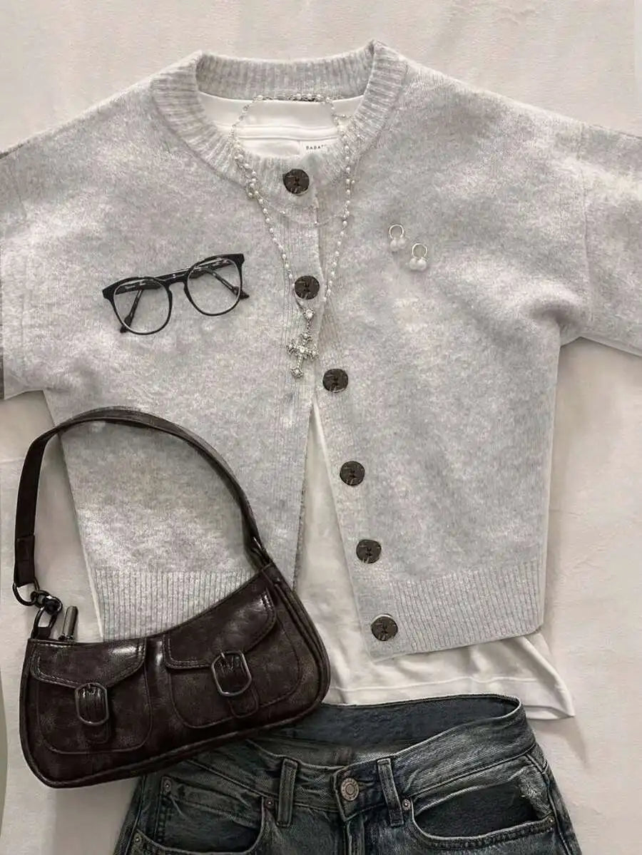 Women's Cropped Crew Neck Button Front Cardigan with Soft Knit Construction