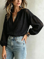 Elegant Eyelet Embroidery V-Neck Blouse with Voluminous Balloon Sleeves