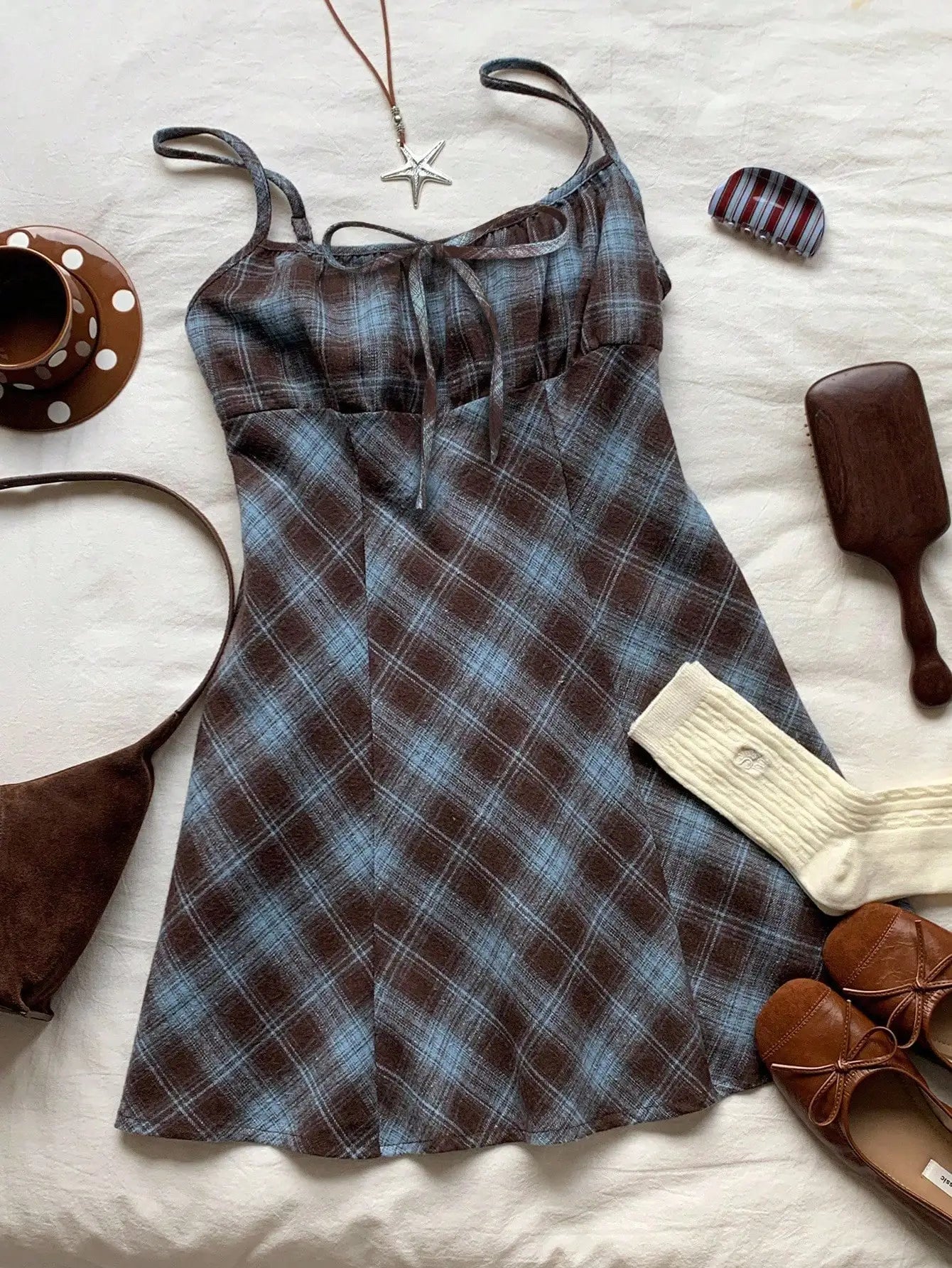 Plaid Square Neck Strap Mini Dress with Bow Detail and A-Line Fit