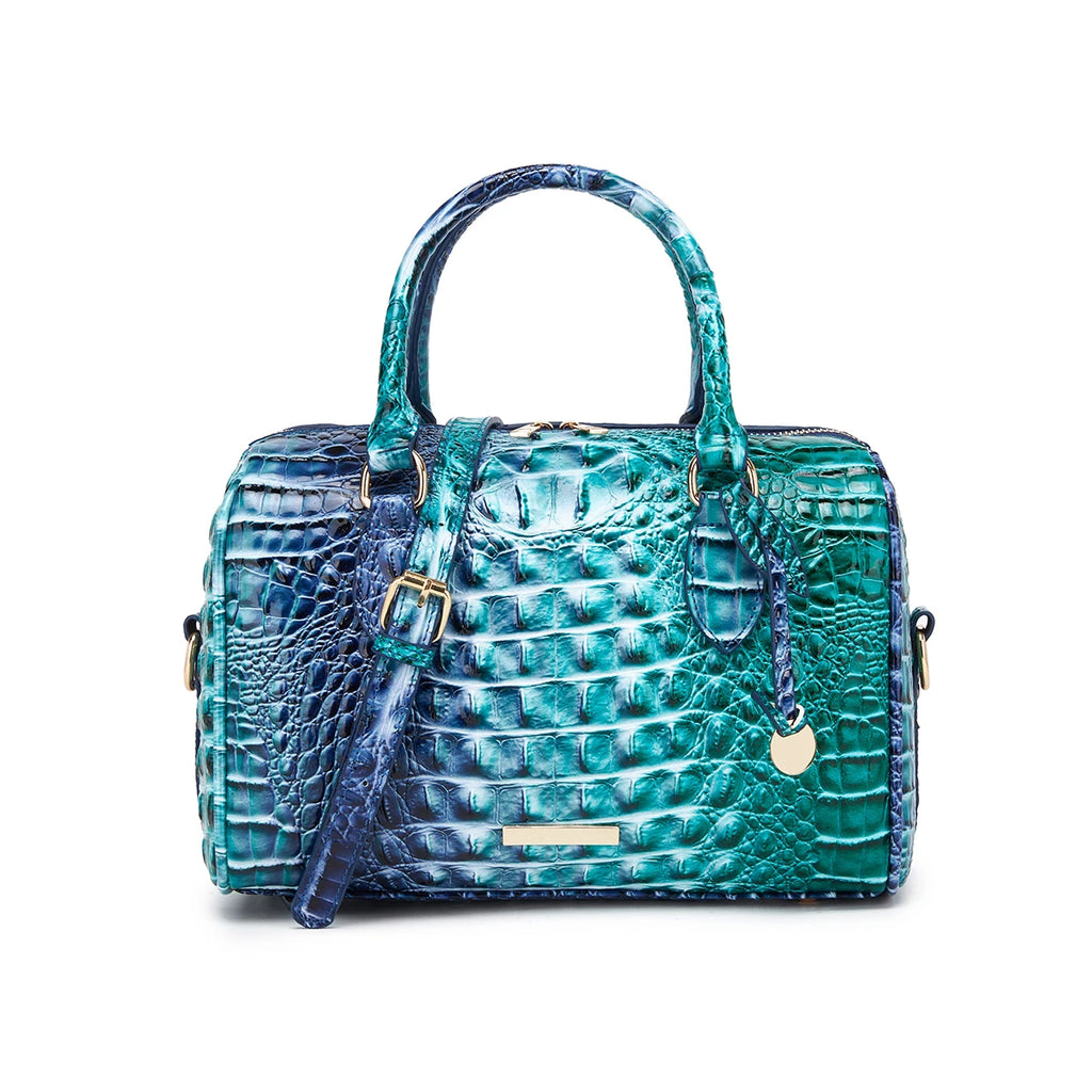 Embossed Top Handle Boston Satchel Bag with Detachable Crossbody Strap