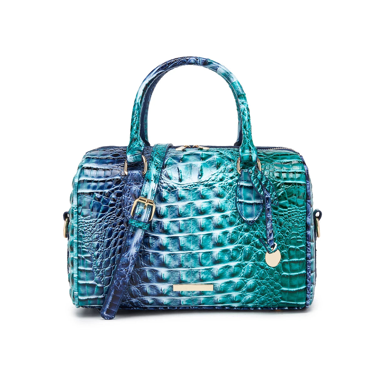 Embossed Top Handle Boston Satchel Bag with Detachable Crossbody Strap