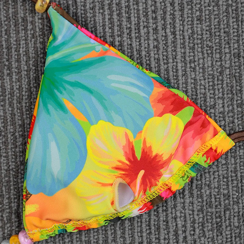 Tropical Botanical Print Triangle String Bikini with Beaded Tie Accents