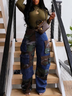Women's High Waist Patchwork Cargo Denim Jeans with Multi-Pocket Relaxed Streetwear Fit