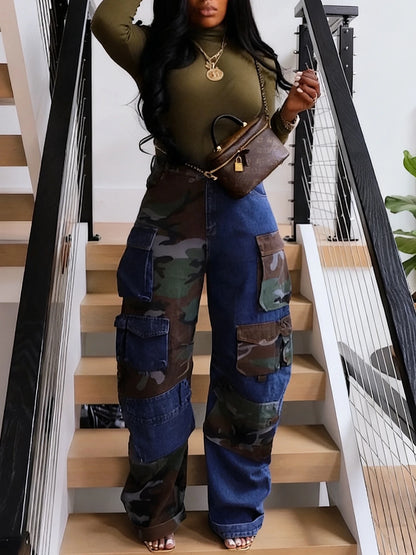 Women's High Waist Patchwork Cargo Denim Jeans with Multi-Pocket Relaxed Streetwear Fit
