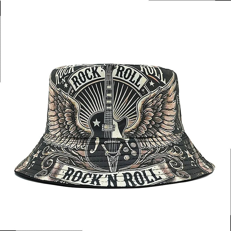 Vintage Graphic Print Bucket Hat Double Layer Casual Streetwear Fisherman Outdoor Cap