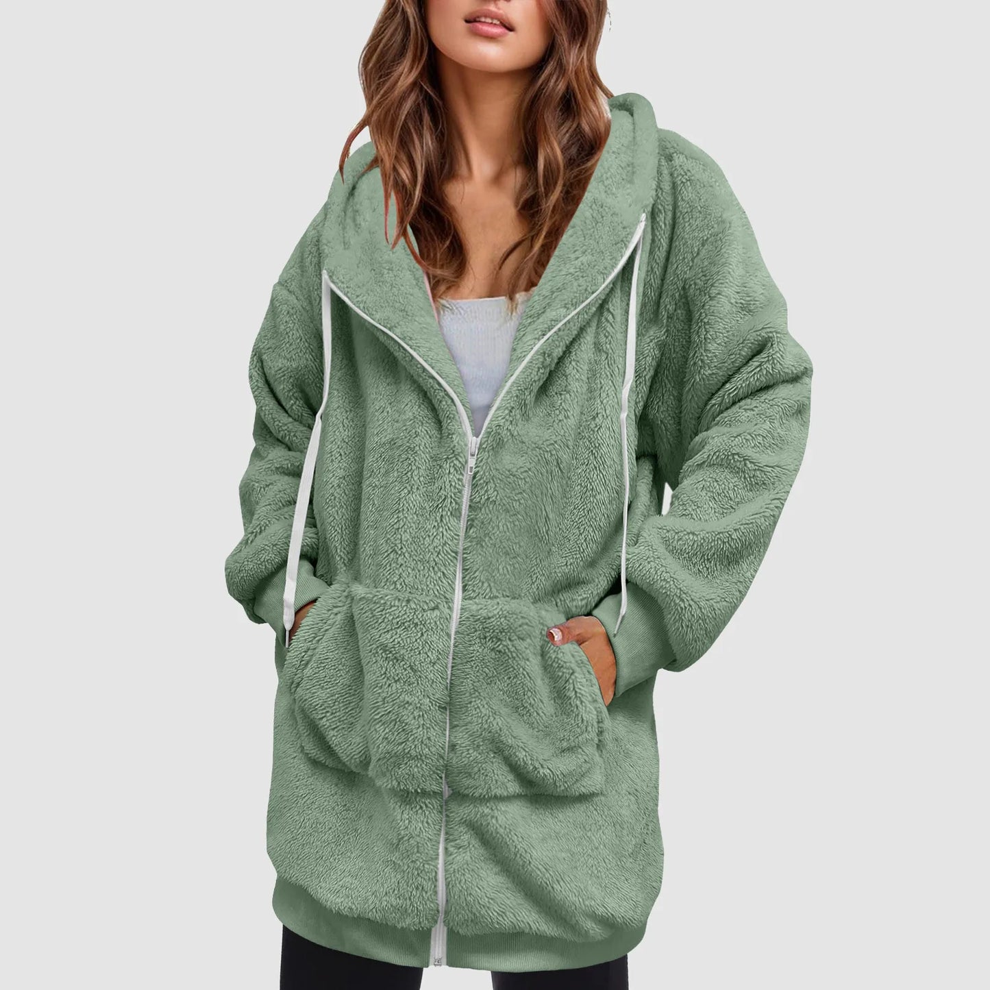Women's Oversized Hooded Plush Fleece Zip Jacket for Cozy Streetwear Layering