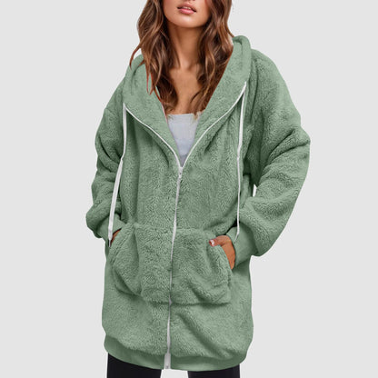 Women's Oversized Hooded Plush Fleece Zip Jacket for Cozy Streetwear Layering