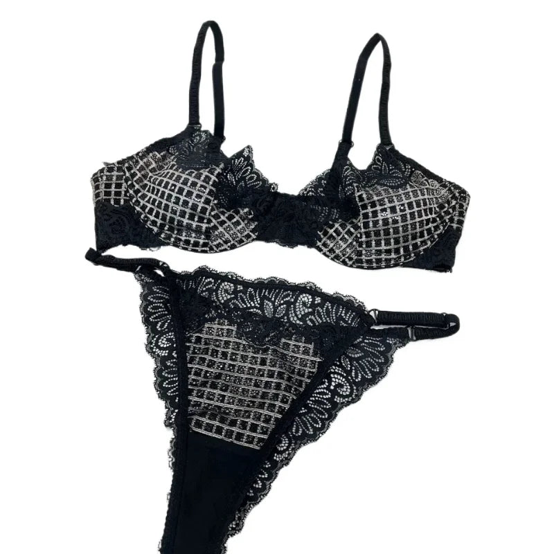 Crisp White Geometric Lace Unlined Underwire Bra and Brief Set