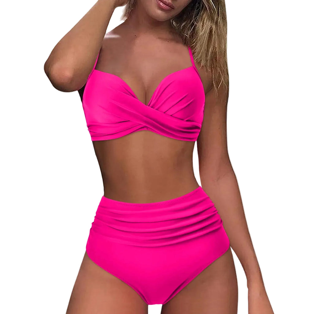 Hot Pink High-Waisted Two-Piece Bikini Set with Underwire Top, Ruched Details and Long-Line Bottom for Women