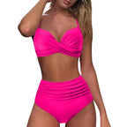 Hot Pink High-Waisted Two-Piece Bikini Set with Underwire Top, Ruched Details and Long-Line Bottom for Women
