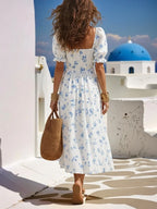 Blue Floral Print Smocked Midi Dress with Square Neckline and Puff Sleeves