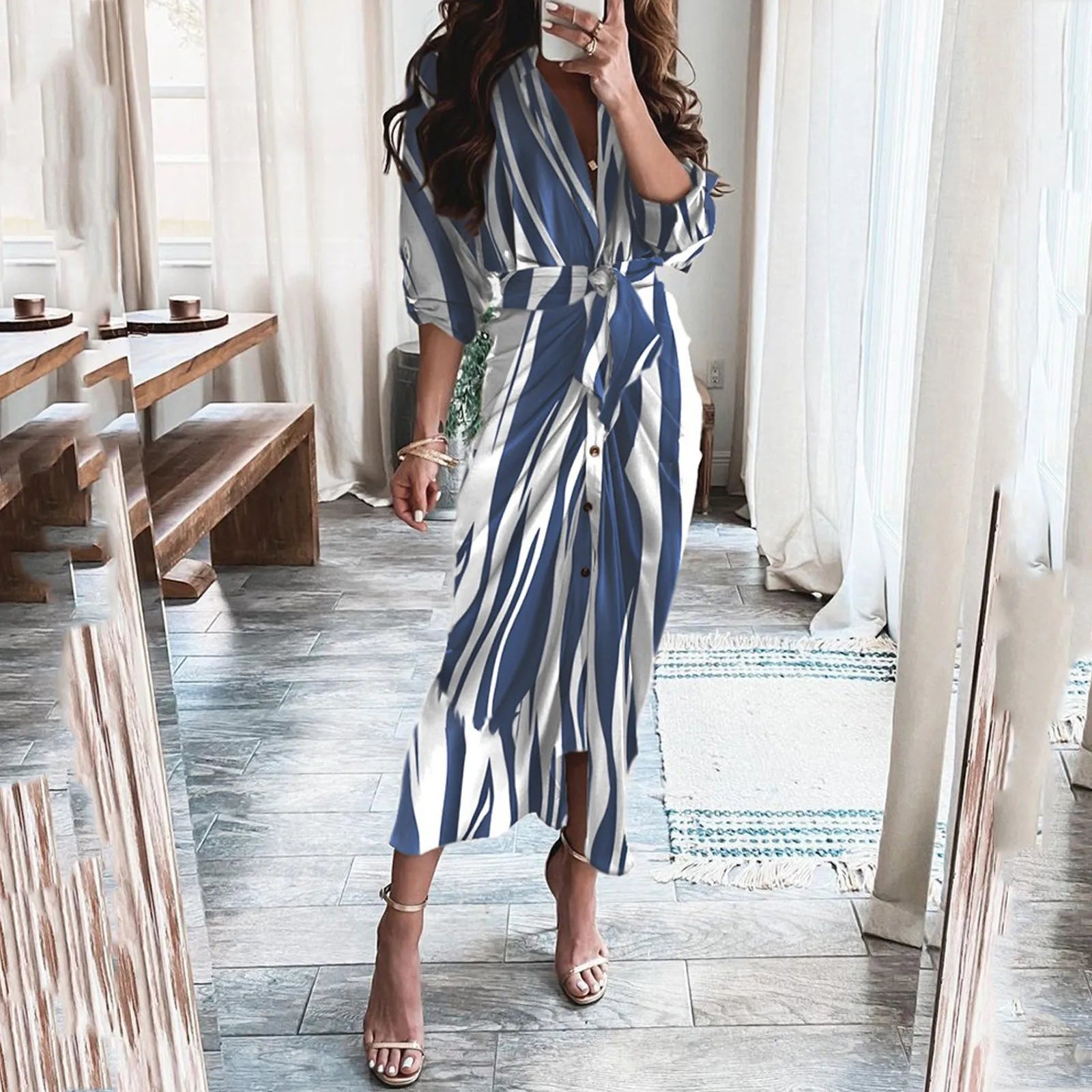 Abstract Print Maxi Dress with Belted Waist and Long Sleeves