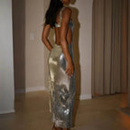 Sequin Bodycon Maxi Dress with Square Neck and Open Back Design