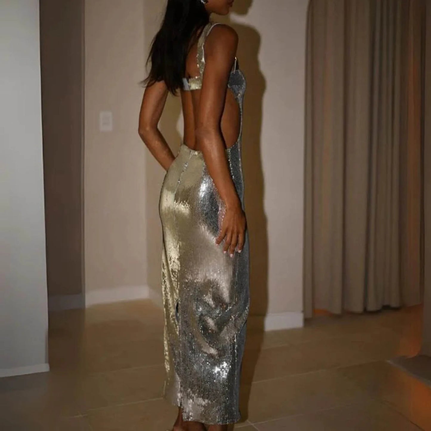 Sequin Bodycon Maxi Dress with Square Neck and Open Back Design