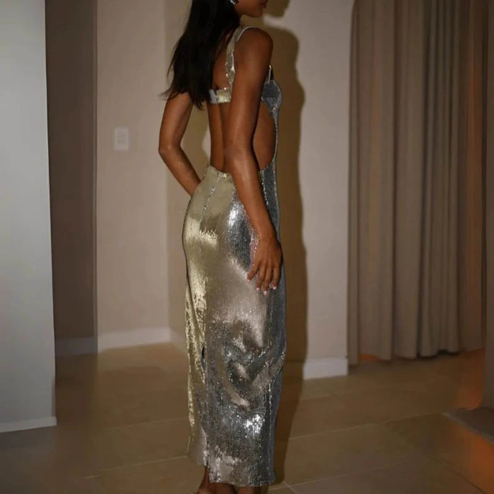 Sequin Bodycon Maxi Dress with Square Neck and Open Back Design