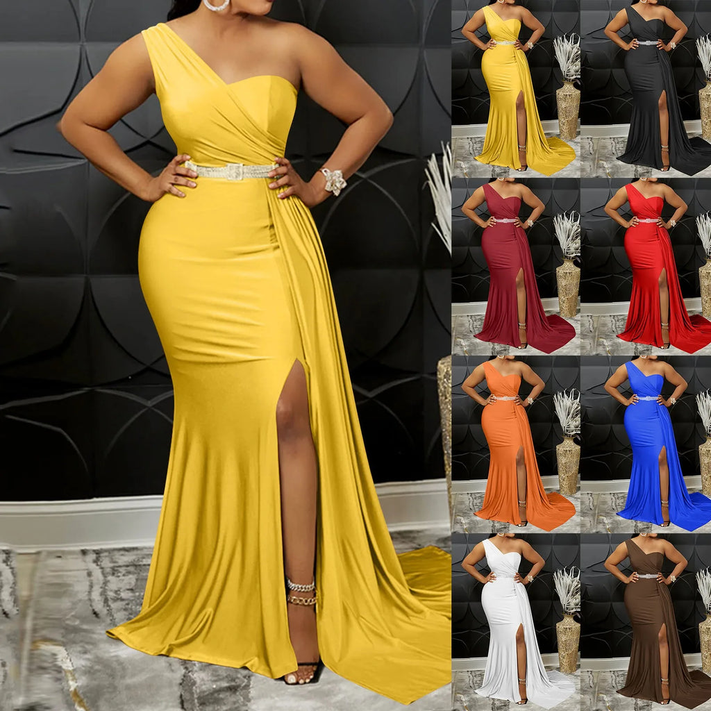 Vibrant Yellow One-Shoulder Evening Gown with Ruched Bodice and High Slit